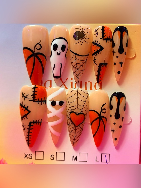 Other - Halloween Nail Art Tips for Kids - Orange & Black Cute Haunted Designs